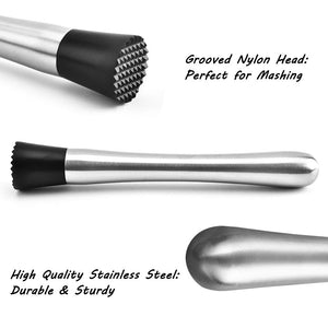 Juego de 4 Muddler Bar Tools Essentials,SourceTon 10 pulgadas de cóctel de acero inoxidable Muddler y 3 piezas de cucharas para mezclar Ideal para barman