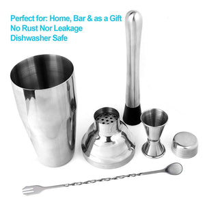 6 Piezas Utensilios de Bar, Conjuntos para el Bar Coctelera de Cóctel de Acero Inoxidable - con Coctelera de cóctel 750ml , Probeta graduada con doble cara 30 / 15ml, Boquillas de vino, Agitador para hielo, Cuchara de mezcla .