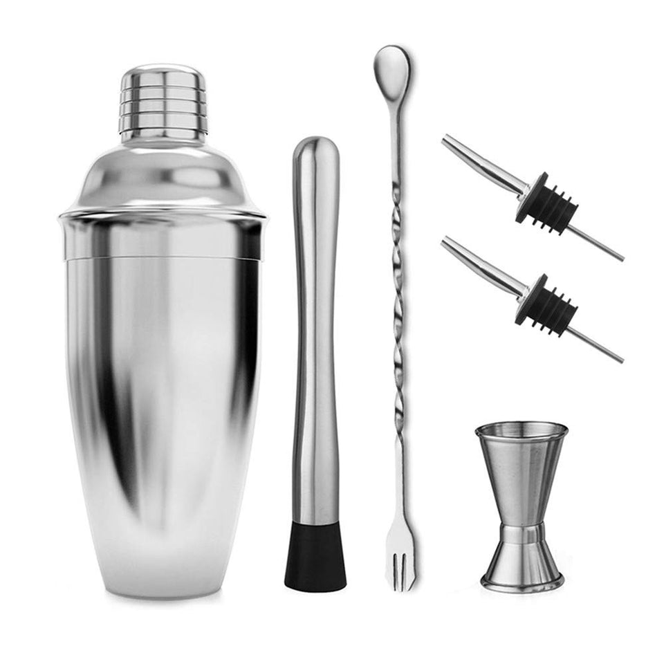 6 Piezas Utensilios de Bar, Conjuntos para el Bar Coctelera de Cóctel de Acero Inoxidable - con Coctelera de cóctel 750ml , Probeta graduada con doble cara 30 / 15ml, Boquillas de vino, Agitador para hielo, Cuchara de mezcla .