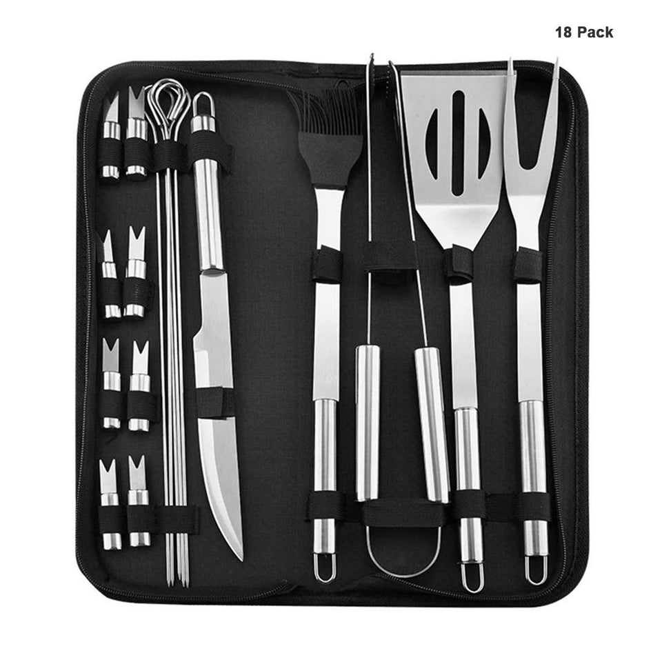 BBQ Tools Set RabbitStorm- Set de 18 Utensilios y Cubiertos Profesional para Asador Carne Asada en Acero Inoxidable. Espátula, Pinzas, Tenedores, Pinchos, Cepillo para Asar, etc.Barbacoa al Aire libre, Picnic de Camping -Kit de Regalo