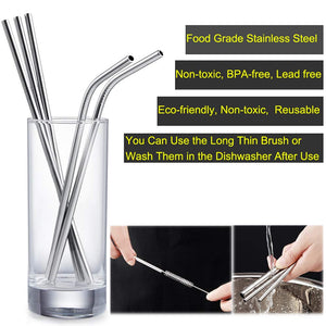 Conjunto de 8 Popotes de Acero Inoxidable, Metal Pajitas Extra Largos para Beber, 10.5 Pulgadas, Pajitas para Batidos Bebidas Frías, Cócteles, Café, Té Helado, Capuchino (4 Rectas | 4 Dobladas | 2 Brochas)