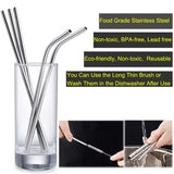 Conjunto de 8 Popotes de Acero Inoxidable, Metal Pajitas Extra Largos para Beber, 10.5 Pulgadas, Pajitas para Batidos Bebidas Frías, Cócteles, Café, Té Helado, Capuchino (4 Rectas | 4 Dobladas | 2 Brochas)