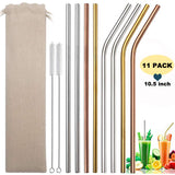Conjunto de 8 Popotes de Acero Inoxidable, Metal Pajitas Extra Largos para Beber, 10.5 Pulgadas, Pajitas para Batidos Bebidas Frías, Cócteles, Café, Té Helado, Capuchino (4 Rectas | 4 Dobladas | 2 Brochas)