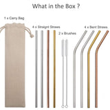 Conjunto de 8 Popotes de Acero Inoxidable, Metal Pajitas Extra Largos para Beber, 10.5 Pulgadas, Pajitas para Batidos Bebidas Frías, Cócteles, Café, Té Helado, Capuchino (4 Rectas | 4 Dobladas | 2 Brochas)