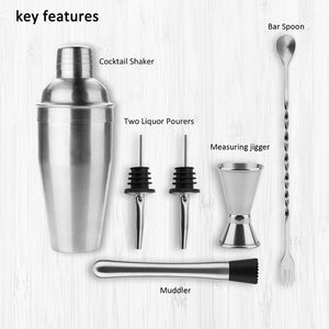 6 Piezas Utensilios de Bar, Conjuntos para el Bar Coctelera de Cóctel de Acero Inoxidable - con Coctelera de cóctel 750ml , Probeta graduada con doble cara 30 / 15ml, Boquillas de vino, Agitador para hielo, Cuchara de mezcla .