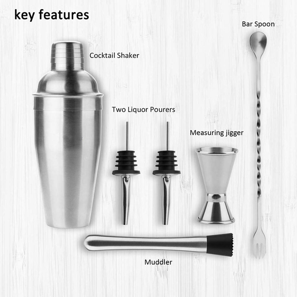 6 Piezas Utensilios de Bar, Conjuntos para el Bar Coctelera de Cóctel de Acero Inoxidable - con Coctelera de cóctel 750ml , Probeta graduada con doble cara 30 / 15ml, Boquillas de vino, Agitador para hielo, Cuchara de mezcla .