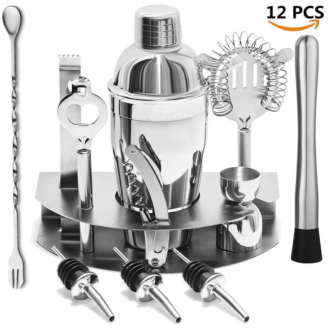 COMLIFE 12 Piezas Utensilios de Bar, Conjuntos para el Bar Coctelera de Cóctel de Acero Inoxidable - con Coctelera de 550 ml, 15/30ml Jigger de Medición,Cuchara de Mezcla,Pinzas, filtro,lodo,abrebotellas etc