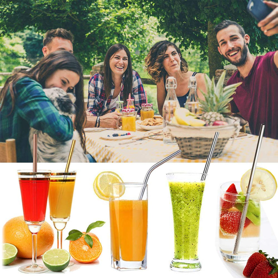 Conjunto de 8 Popotes de Acero Inoxidable, Metal Pajitas Extra Largos para Beber, 10.5 Pulgadas, Pajitas para Batidos Bebidas Frías, Cócteles, Café, Té Helado, Capuchino (4 Rectas | 4 Dobladas | 2 Brochas)