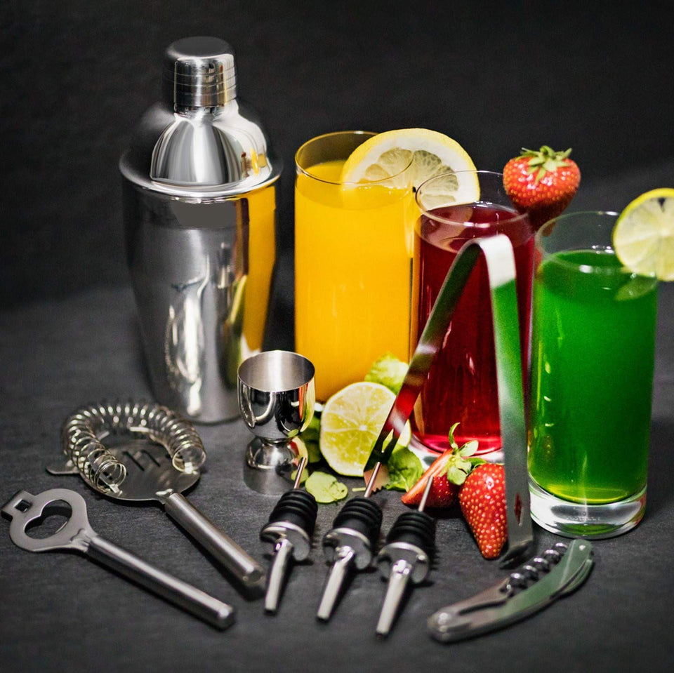 COMLIFE 12 Piezas Utensilios de Bar, Conjuntos para el Bar Coctelera de Cóctel de Acero Inoxidable - con Coctelera de 550 ml, 15/30ml Jigger de Medición,Cuchara de Mezcla,Pinzas, filtro,lodo,abrebotellas etc