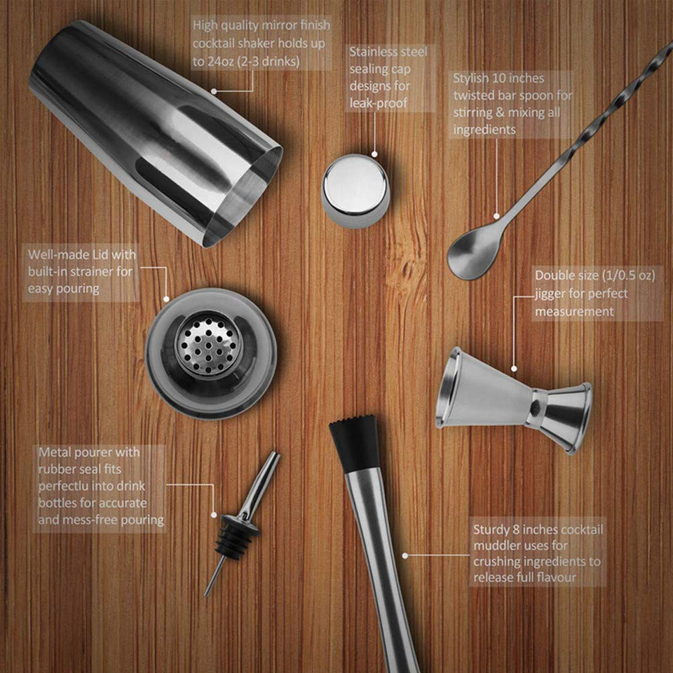 6 Piezas Utensilios de Bar, Conjuntos para el Bar Coctelera de Cóctel de Acero Inoxidable - con Coctelera de cóctel 750ml , Probeta graduada con doble cara 30 / 15ml, Boquillas de vino, Agitador para hielo, Cuchara de mezcla .