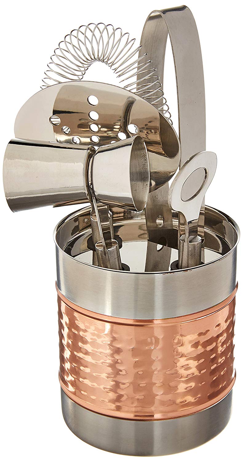 Francois et Mimi - Juego de utensilios para bar de cóctel (acero inoxidable, incluye pinzas para hielo, medidor doble con asa, colador y llave de barra/abridor de botellas con estante de almacenamiento)