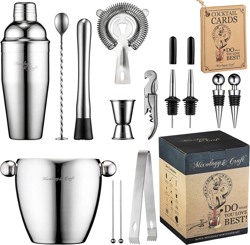 Juego de bar Juego para Bartender de 16 piezas con Combinación de Cócteles - Juego de Herramientas de Bar Casero y Profesional - Coctelera Martini y Herramientas de Bar - Juego para Cóctel con Bono de Recetas Exclusivas